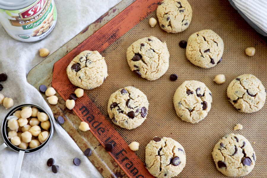 Baking sheet with chickpea chocolate chip cookies.