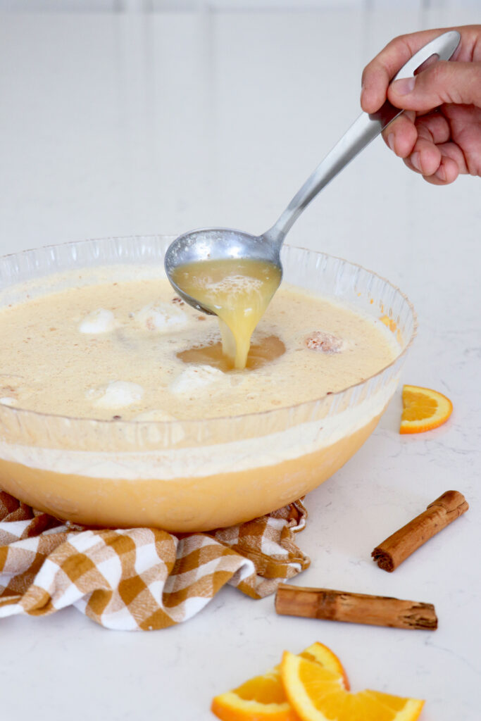 Big glass bowl filled with fizzy punch with ladle inside.