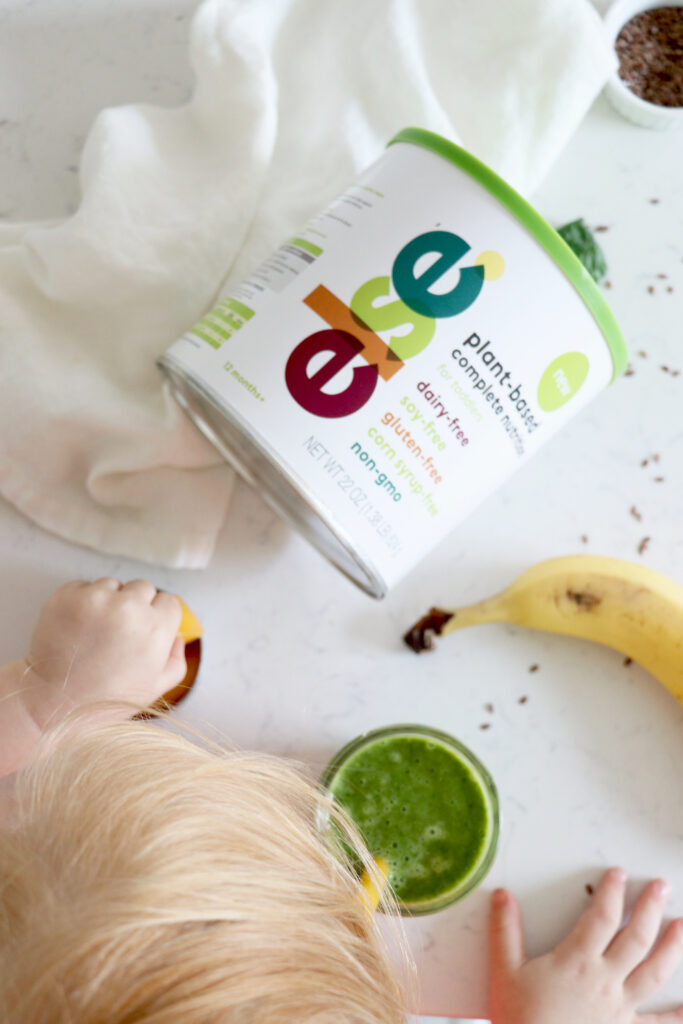 Container of plant-based protein powder.