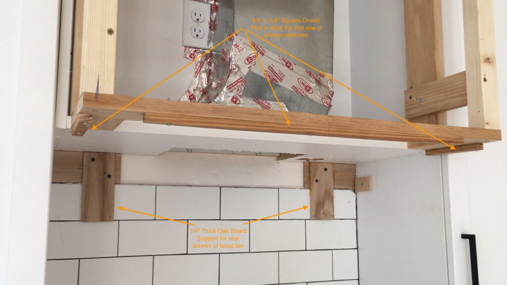 Kitchen cabinetry prepped for new range hood fan installation