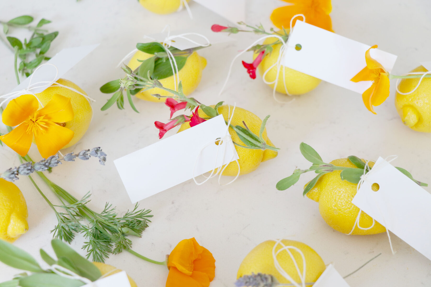 Lemons with white tags and flowers for place cards.